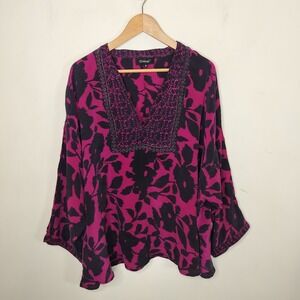 Tolani Floral Silk Blouse Top Pink Black Boho